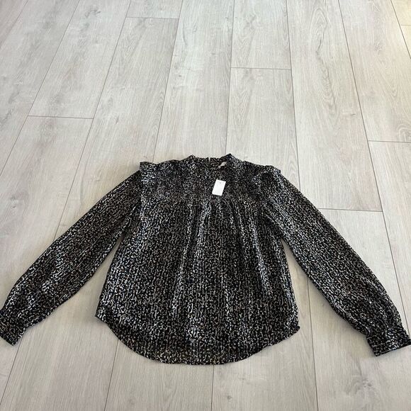 LOFT Tops - LOFT Black Smocked Yoke Mock Neck Lined Long Sleeve Shirt Womens Size xs